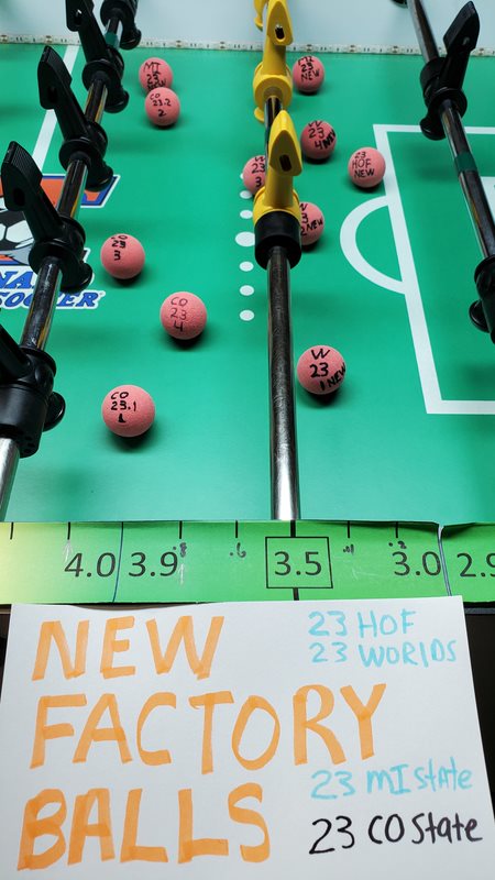 
Close up of 12 pink foosballs on a green Tornado table surface. The balls are labeled with the tournament where they were used. The balls have clustered on the table, with most of the Colorado State balls having stopped rolling sooner than the balls from other tournaments.